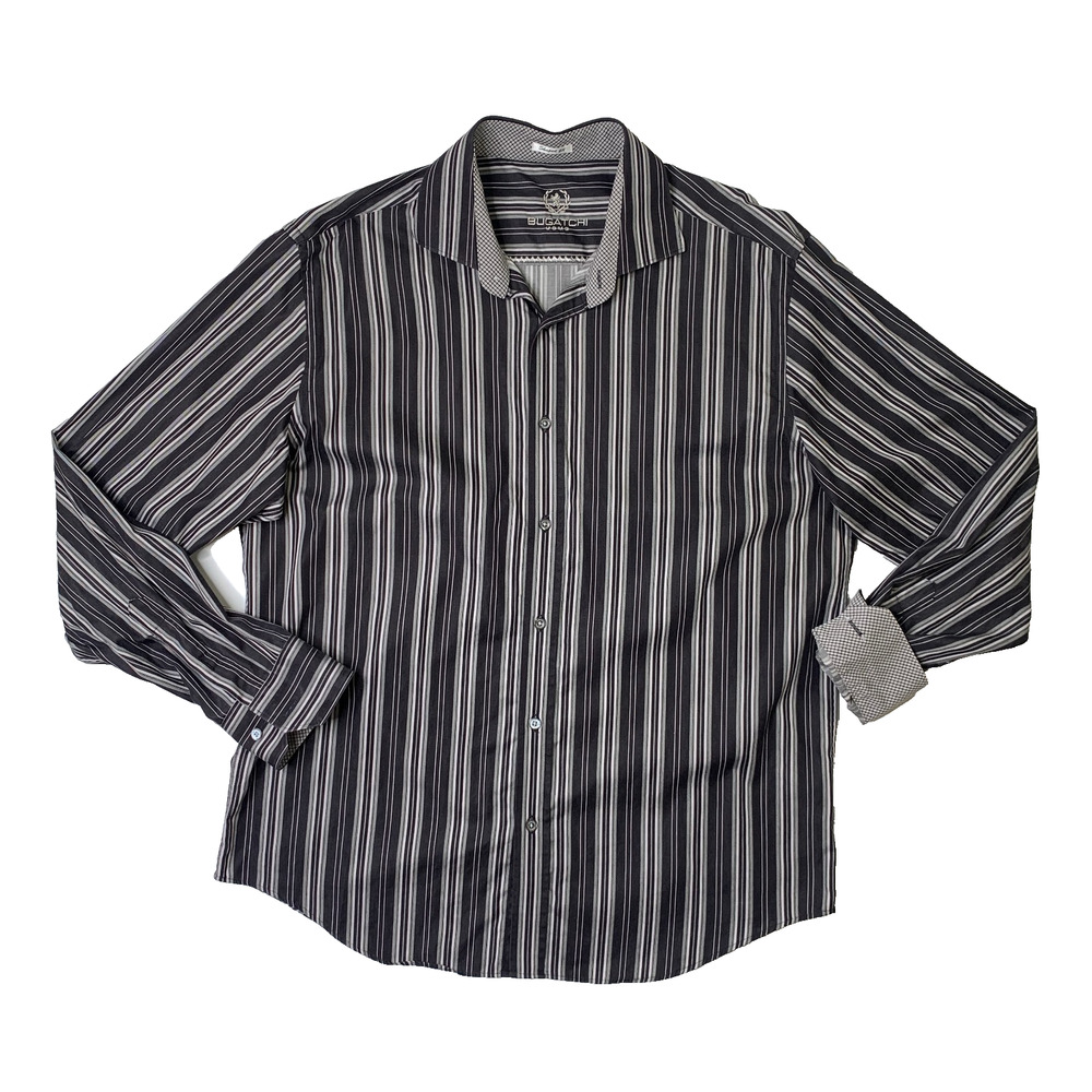 Bugatchi Uomo Shirt Mens XL Black Shaped Fit Striped Spread Collar Flip Cuffs